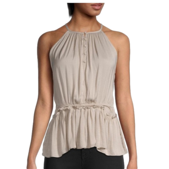 Philosophy Cream Tan Sleeveless High Neck Halter Ruffle Peplum Top Size Small - Picture 1 of 10